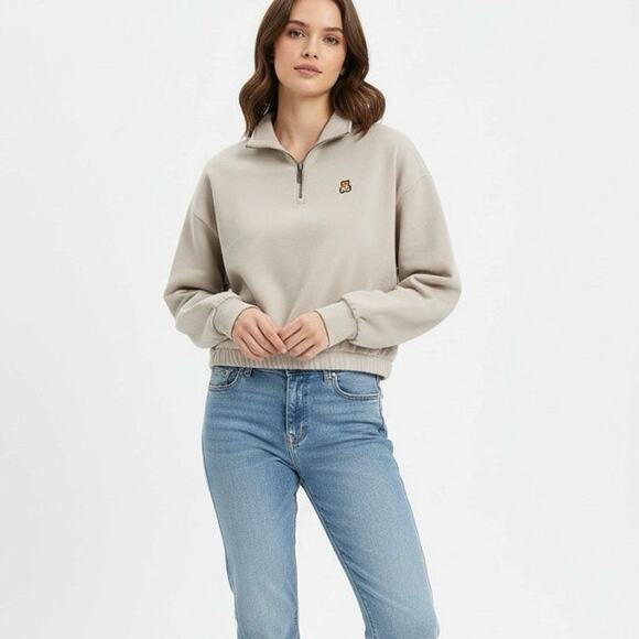 Teddy Fresh Tops - Teddy Fresh Tan Cropped 1/4 Zip Sweatshirt size Medium